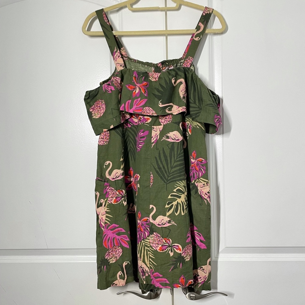 MNG Casual for Mango Linen Blend Pelican Print Cold Shoulder Dress size 6 - Picture 10 of 10